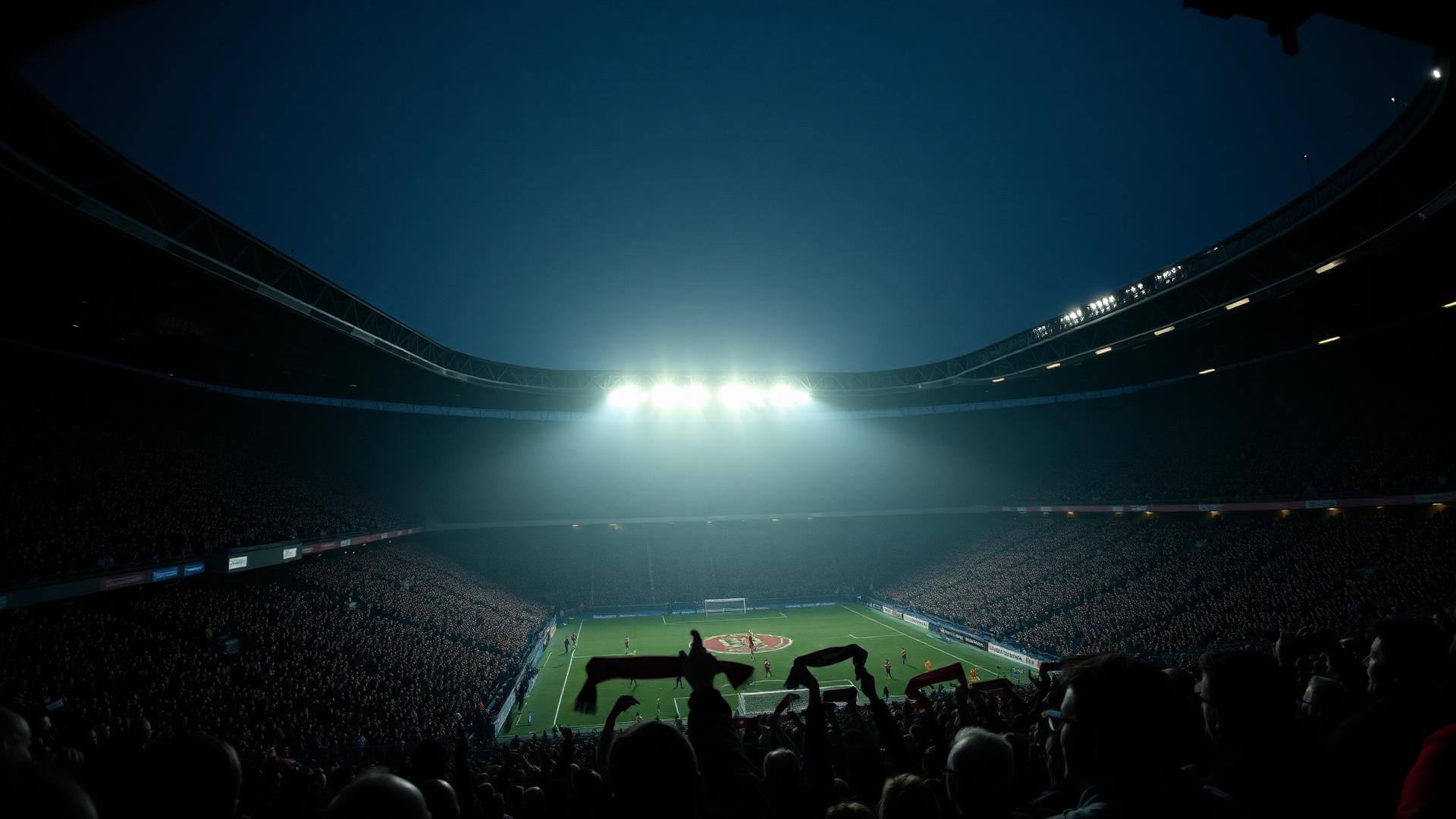 A packed European football stadium under floodlights before kick-off